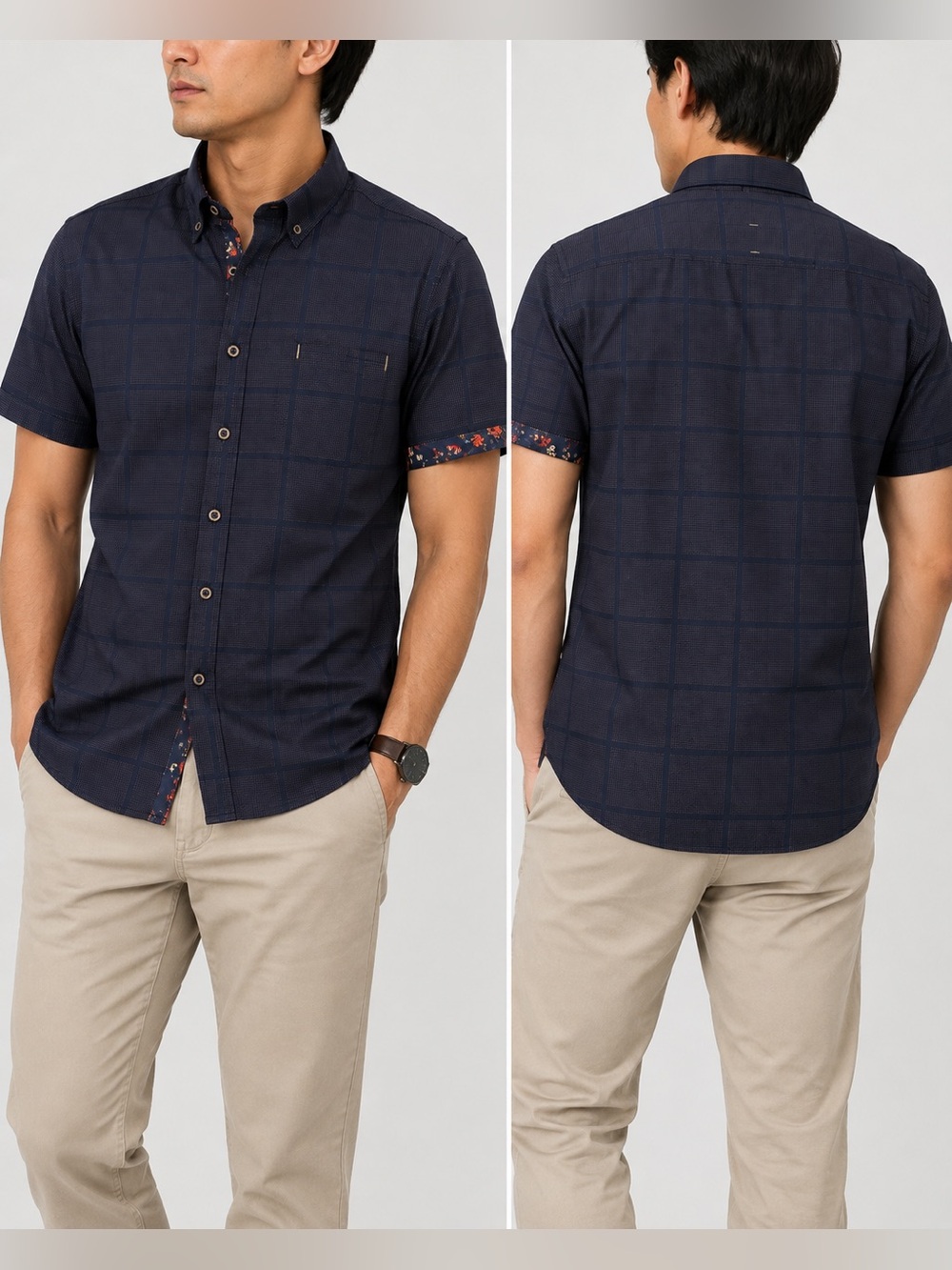 7 Diamonds Men’s Short Sleeve Button Up Shirt Small Navy Plaid Floral Trim